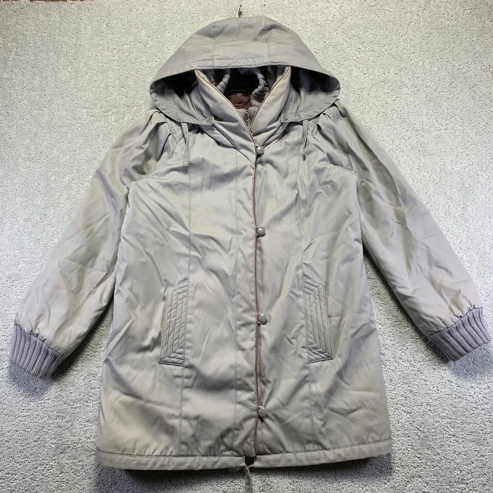 Vintage Mod Maid Womens Jacket Medium Gray Lined Hooded Zip Up Parka Winter Coat